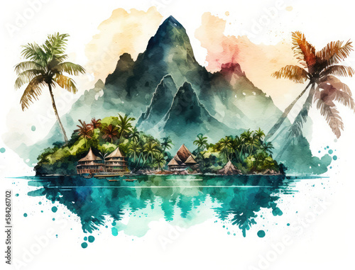 Tropical Bali landscape in watercolor style. Generative AI