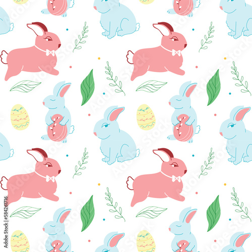 Seamless pattern of cute Easter bunnies on a white background. Vector illustration for decoration, postcards, print