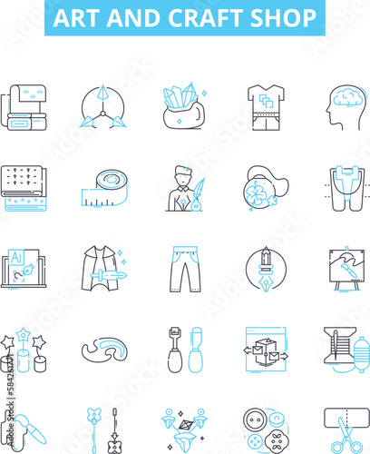 Art and craft shop vector line icons set. Supplies, Materials, Tools, Paints, Brushes, Canvas, Paper illustration outline concept symbols and signs