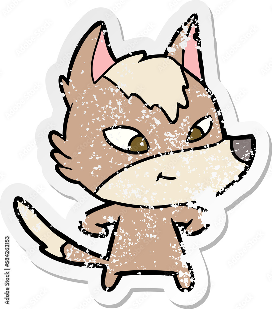 distressed sticker of a friendly cartoon wolf distressed sticker of a friendly cartoon wolf