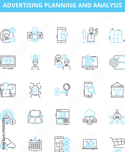 Advertising planning and analysis vector line icons set. Advertising, Planning, Analysis, Strategies, Research, Budgeting, Scheduling illustration outline concept symbols and signs