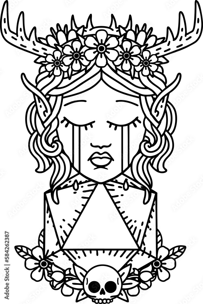crying elf druid character face with natural one D20 roll illustration crying elf druid character face with natural one D20 roll illustration