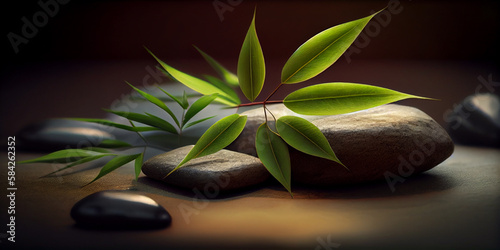 image of bamboo stones and leaves background for wellness spa treatments, generative AI