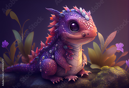 Little baby dragon sitting in the sunlit forest created with Generative AI 