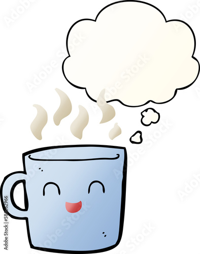cute coffee cup cartoon and thought bubble in smooth gradient style