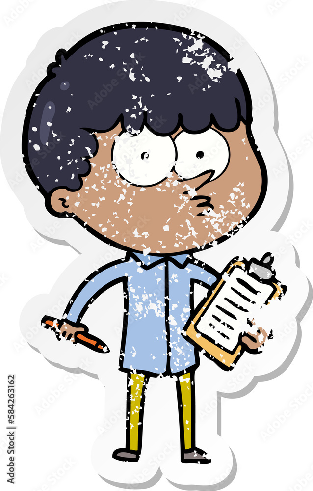 distressed sticker of a cartoon curious boy taking notes distressed sticker of a cartoon curious boy taking notes