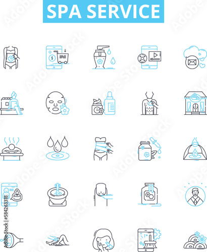Spa service vector line icons set. Spa, Massage, Facial, Manicure, Pedicure, Sauna, Jacuzzi illustration outline concept symbols and signs