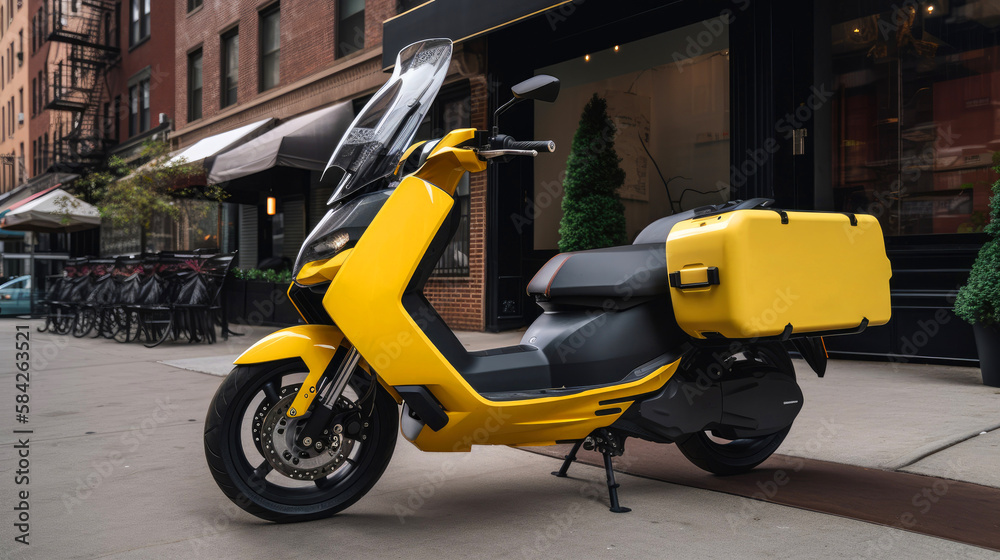 Modern yellow electric delivery scooter with food delivery bag in the city. Express delivery service. Generative AI