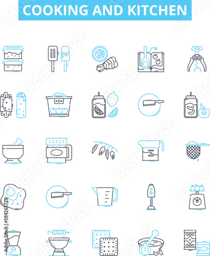 Cooking and kitchen vector line icons set. Cooking, Kitchen, Food, Baking, Utensils, Recipes, Stove illustration outline concept symbols and signs
