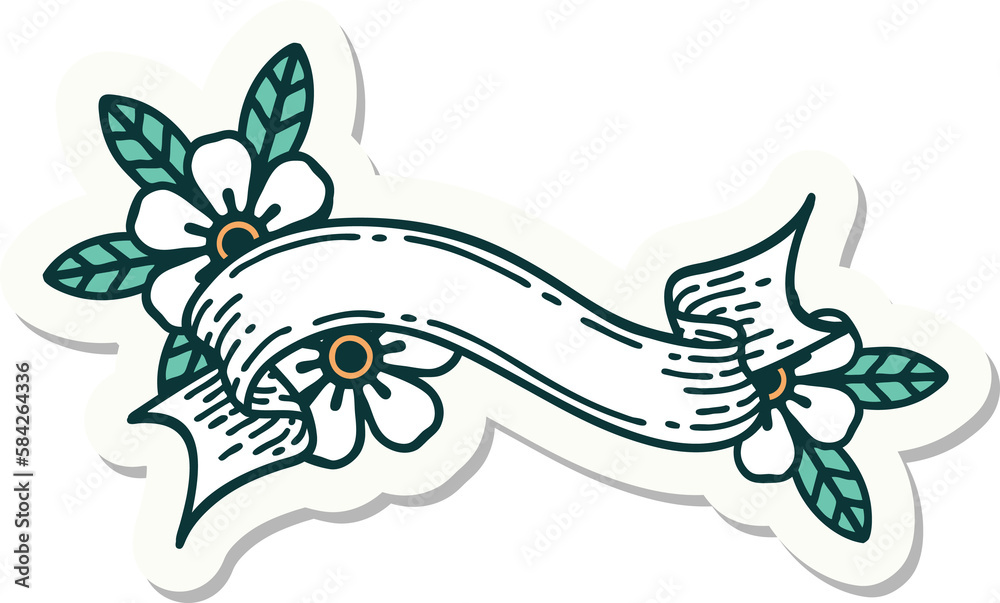 Obraz premium tattoo style sticker of a banner and flowers