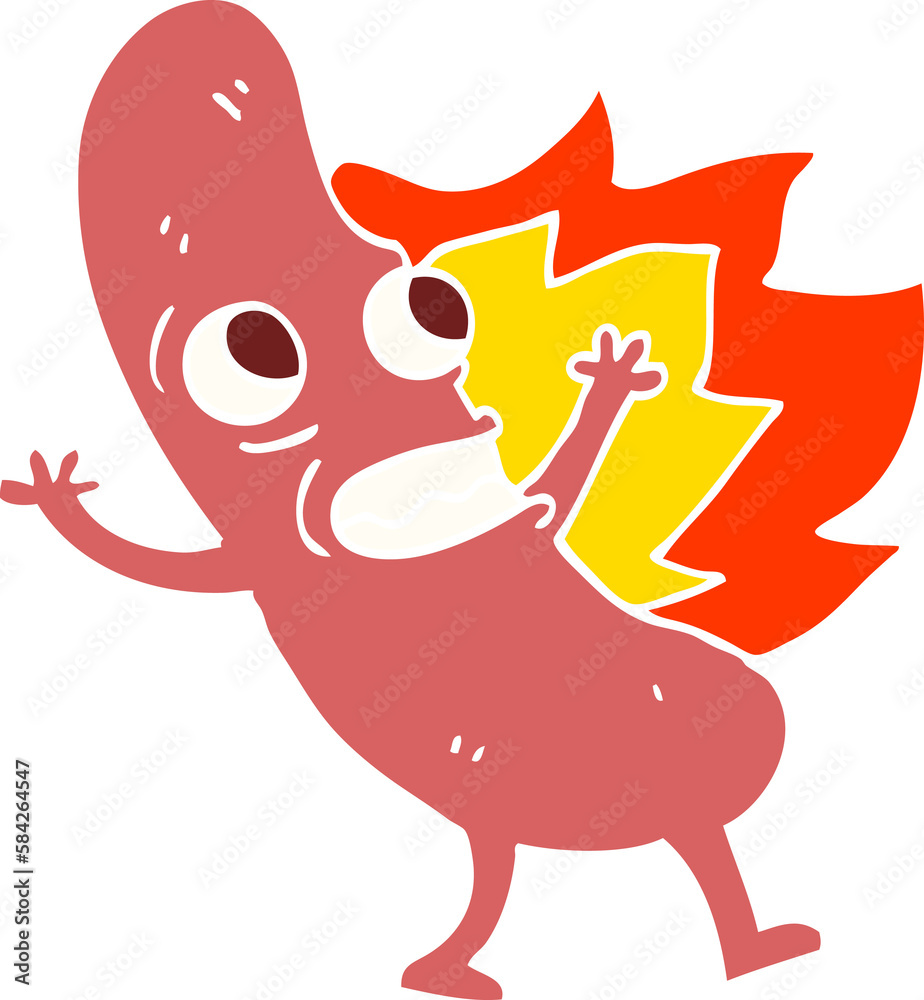 flat color illustration cartoon flaming hotdog