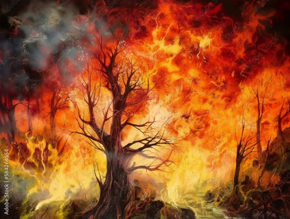 beautiful wildfire scene, intense forest fire art, climate change awareness, generative AI