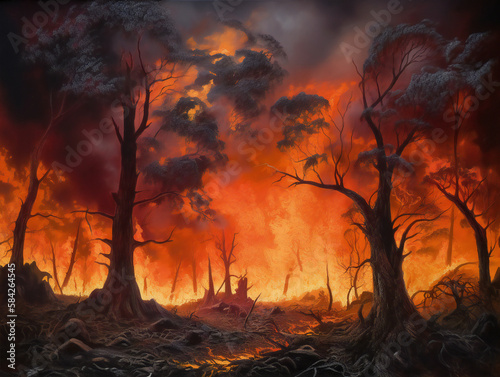 fiery forest landscape, vivid burning trees illustration, ecological catastrophe, generative AI