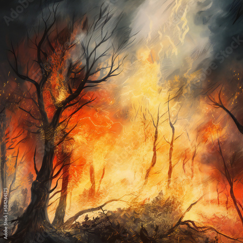 burning forest illustration  striking flames and smoke  environmental impact  generative AI