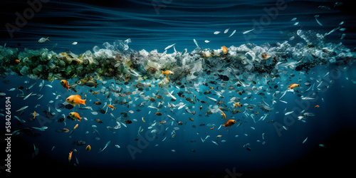 Fish with microplastic, global change, pollution. Plastic pollution in ocean problem. Generative AI. © TimeShops