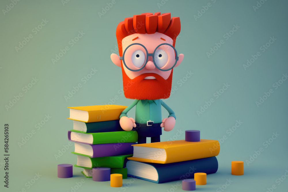 A red hair man wearing eyeglasses,  studying from a lot of books. Generative AI
