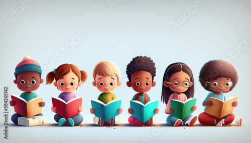 Sharing the joy of reading: a group of kids engrossed in a book on the floor. Generative AI