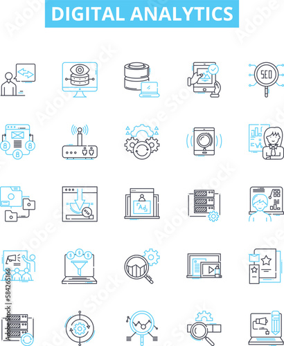 Digital analytics vector line icons set. Digital, Analytics, Tracking, Metrics, Analysis, Measurement, Data illustration outline concept symbols and signs