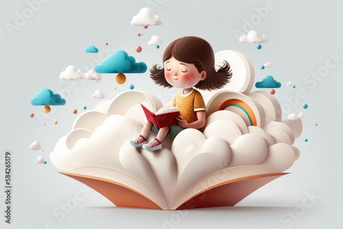 A peaceful image of a kid reading on a giant white cloud like a book on a light background. Generative AI