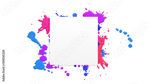 Colorful fluid abstract background with splattered ink blotches. watercolor and paintbrush drops and splashes in blue, pink and purple. With white square frame for logos, banners and decoration