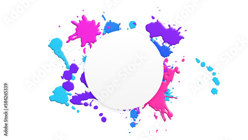 Creative and colorful motion abstract 3D background. Ink, watercolor and paintbrush splatters and splashes in blue, pink and purple. With white circle frame for logos, banners and decorations.