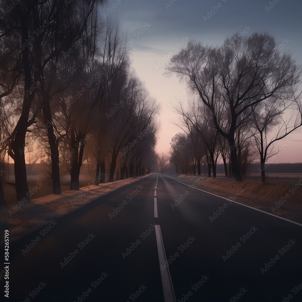 empty road with overhanging trees at dusk - cinematic style empty road with overhanging trees at dusk - cinematic style