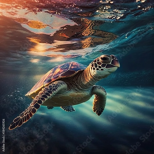 A Tropical Sea Turtle Swims Through a Majestic Underwater World of Colorful Reefs at Sunset. Generative AI