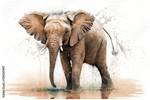Majestic Asiatic Elephant Shaking the Water off After a Dip in the Wild. Generative AI