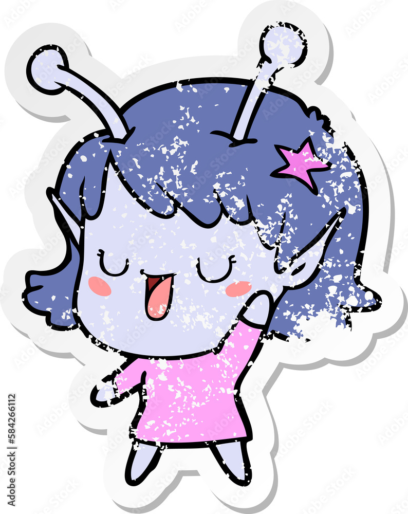 distressed sticker of a happy alien girl cartoon distressed sticker of a happy alien girl cartoon