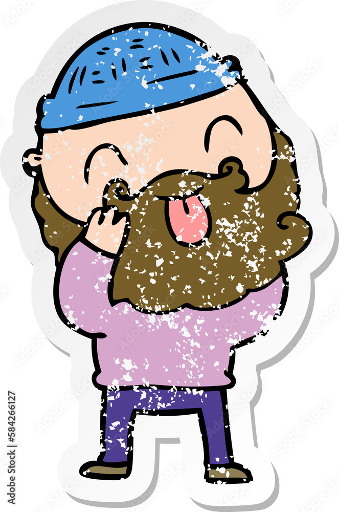 distressed sticker of a man with beard sticking out tongue