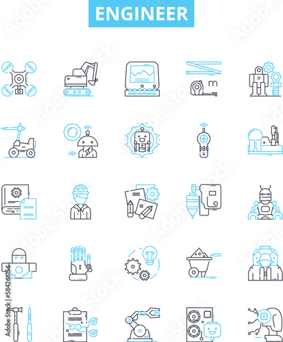 Engineer vector line icons set. Engineer, Technical, Mechanical, Structural, Electrical, Design, Civil illustration outline concept symbols and signs