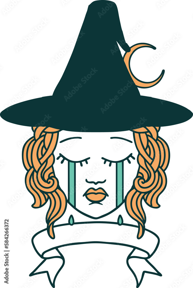 crying human witch with banner illustration