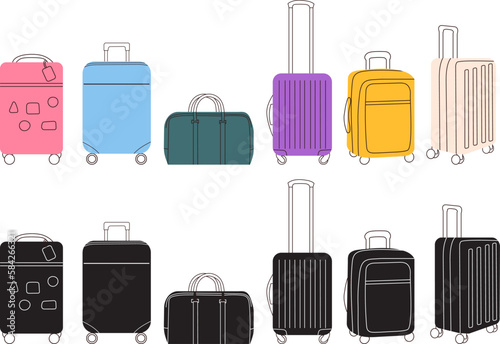 set of suitcases in doodle style isolated vector