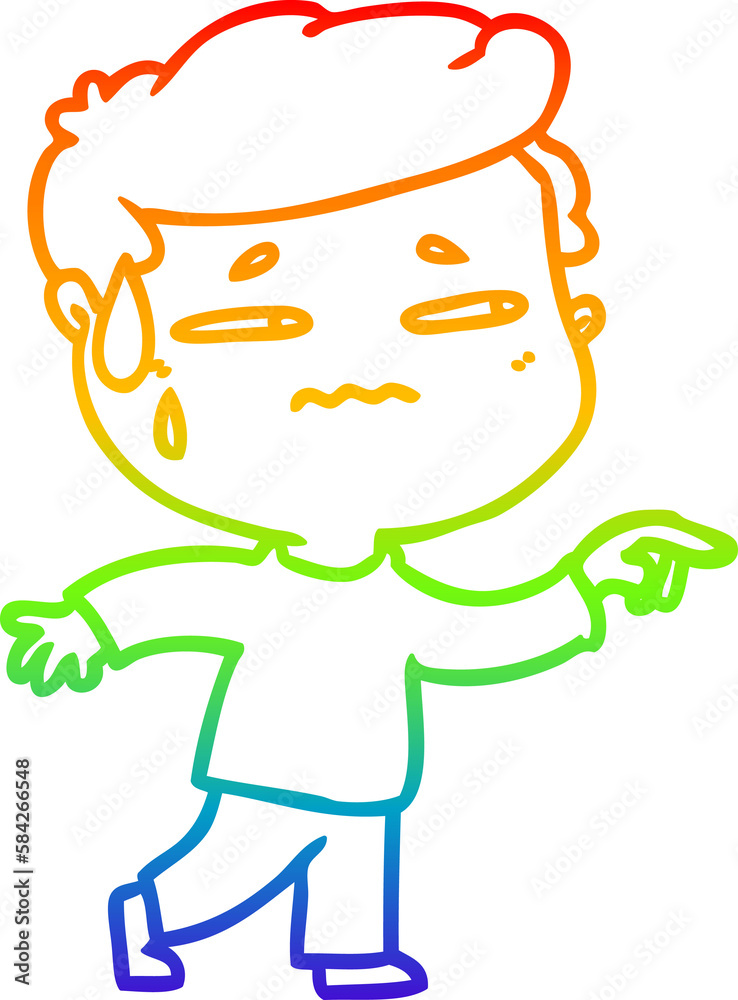 Obraz premium rainbow gradient line drawing cartoon anxious man pointing