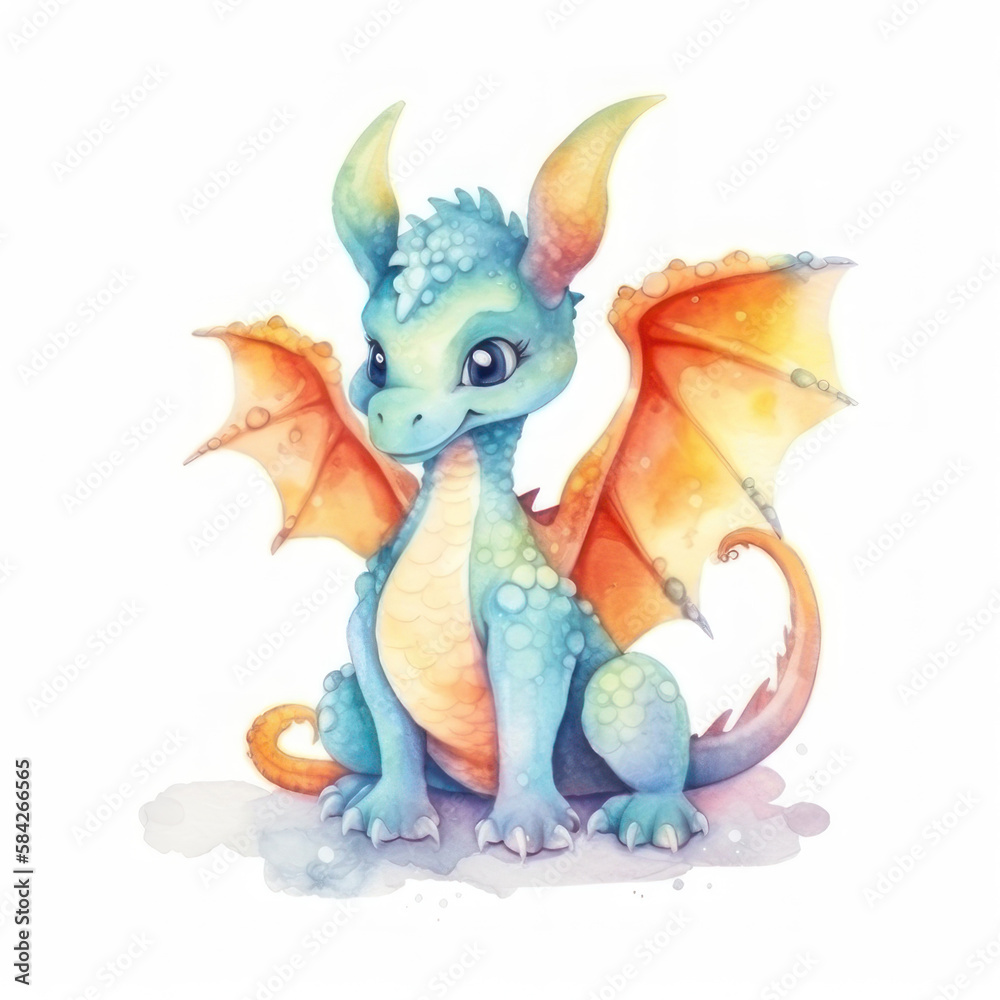 Watercolor dragon. AI generative