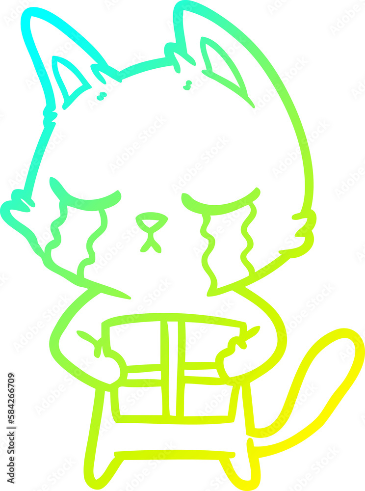 cold gradient line drawing crying cartoon cat holding christmas present cold gradient line drawing crying cartoon cat holding christmas present