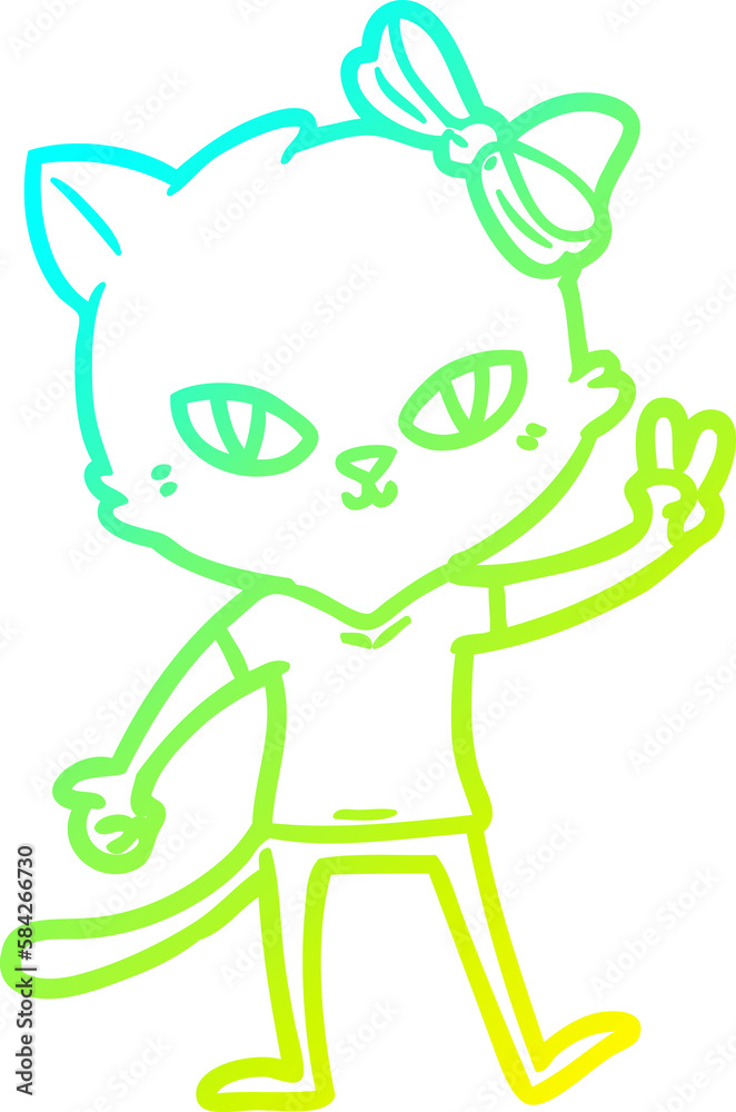 cold gradient line drawing cute cartoon cat girl giving peace sign
