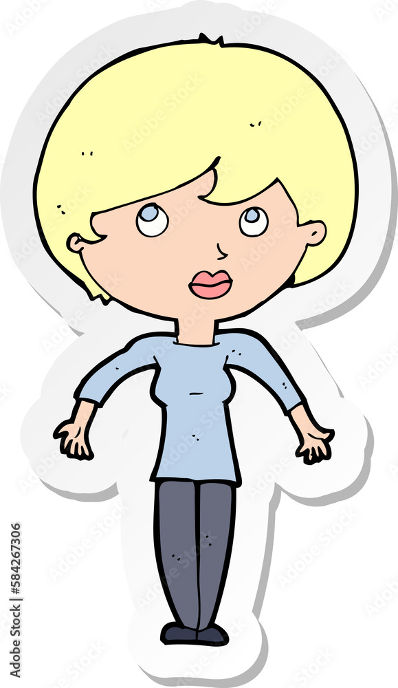 sticker of a cartoon woman shrugging shoulders sticker of a cartoon woman shrugging shoulders