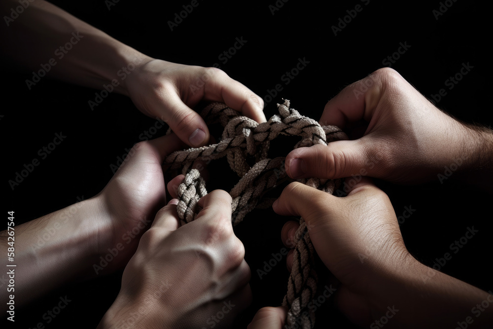 Many peoples hands working together to untangle a knotted rope. Business teamwork. Generative ai