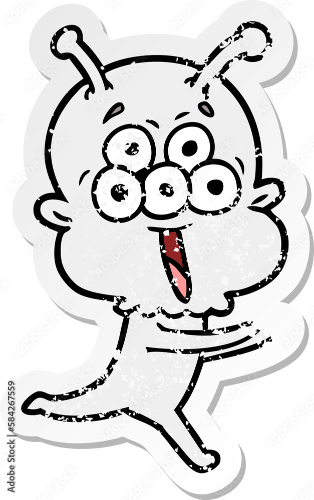 distressed sticker of a happy cartoon alien running distressed sticker of a happy cartoon alien running