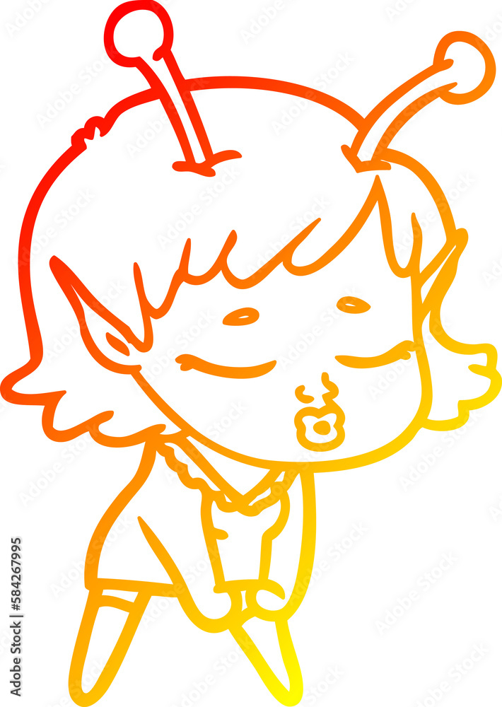 warm gradient line drawing cute alien girl cartoon