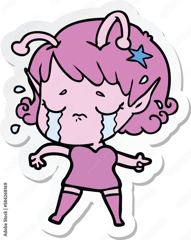 sticker of a cartoon crying alien girl sticker of a cartoon crying alien girl