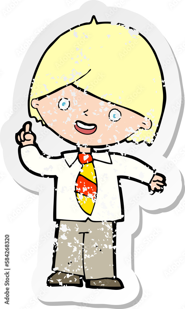 retro distressed sticker of a cartoon school boy answering question retro distressed sticker of a cartoon school boy answering question