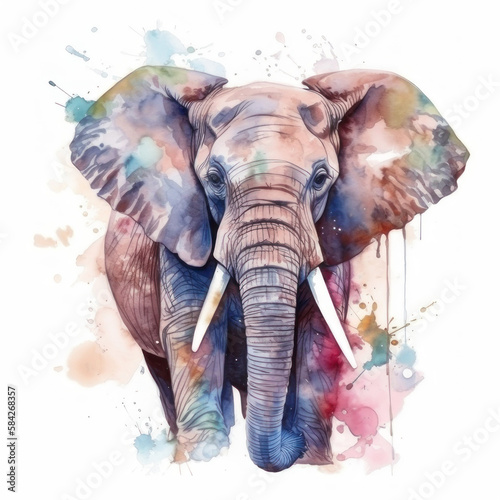 Colored watercolor elephant on a white background. AI generative.