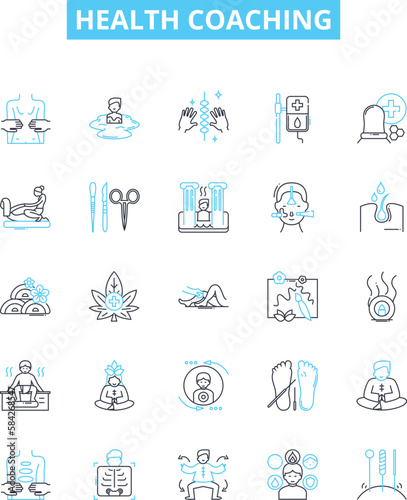 Health coaching vector line icons set. Wellness  Nutrition  Coaching  Exercise  Healthy  Habits  Diet illustration outline concept symbols and signs