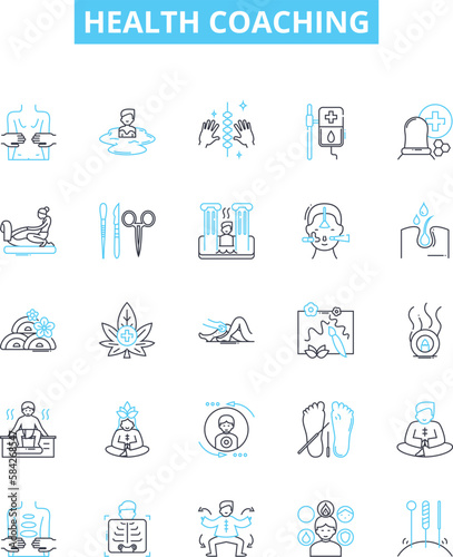 Health coaching vector line icons set. Wellness, Nutrition, Coaching, Exercise, Healthy, Habits, Diet illustration outline concept symbols and signs