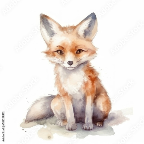 Cute watercolor fox on a white background. AI generative.
