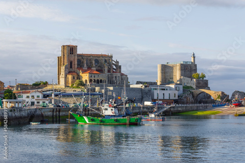 Panoramic view of the old part of the Castro Urdiales fishing village, in Spain