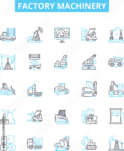 Factory machinery vector line icons set. Machinery, Factory, Equipment, Automation, Process, CNC, Install illustration outline concept symbols and signs