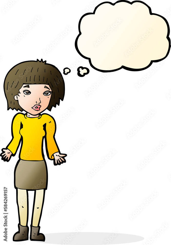 cartoon woman shrugging shoulders with thought bubble cartoon woman shrugging shoulders with thought bubble
